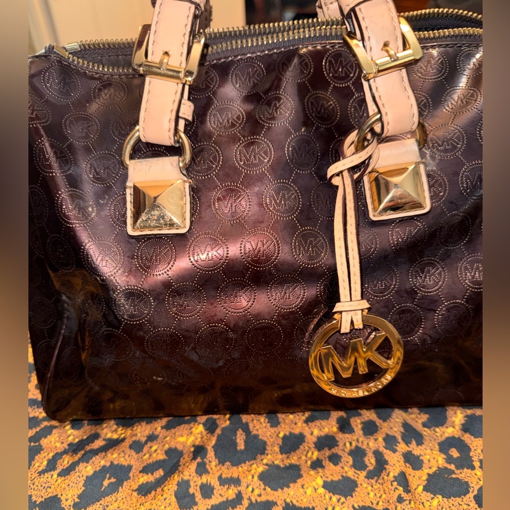 Michael Kors Shiny Brownish Maroon and Gold Handbag - Picture 7 of 10